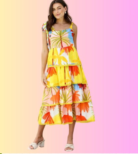 Palm print tiered dress