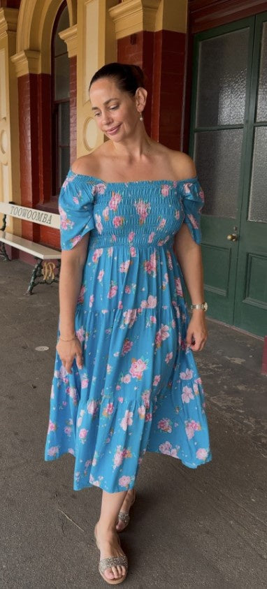 Blue shirring floral dress