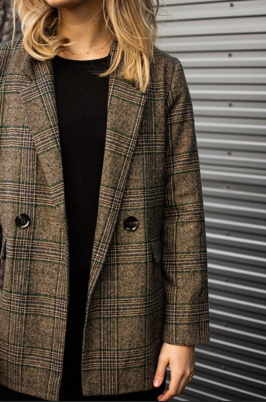 Wool Blend Plaid Check Blazer
