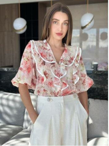 Frilly neck floral Apricot blouse