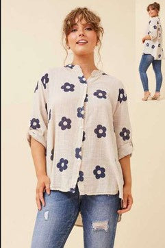Roll-up Blue flower cotton shirt