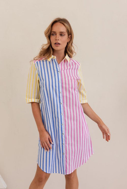 Cotton Spliced Shirt multi stripe dress