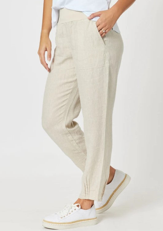 Ribbed waist linen pants natural