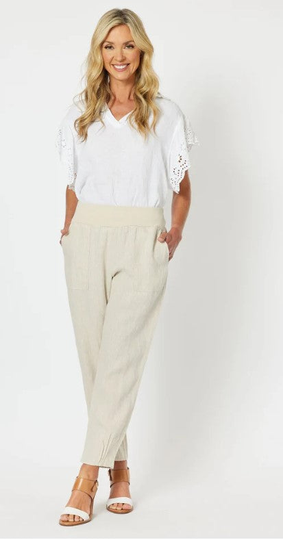 Ribbed waist linen pants natural