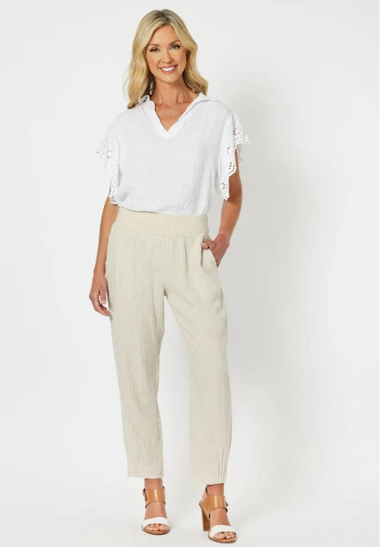 Ribbed waist linen pants natural