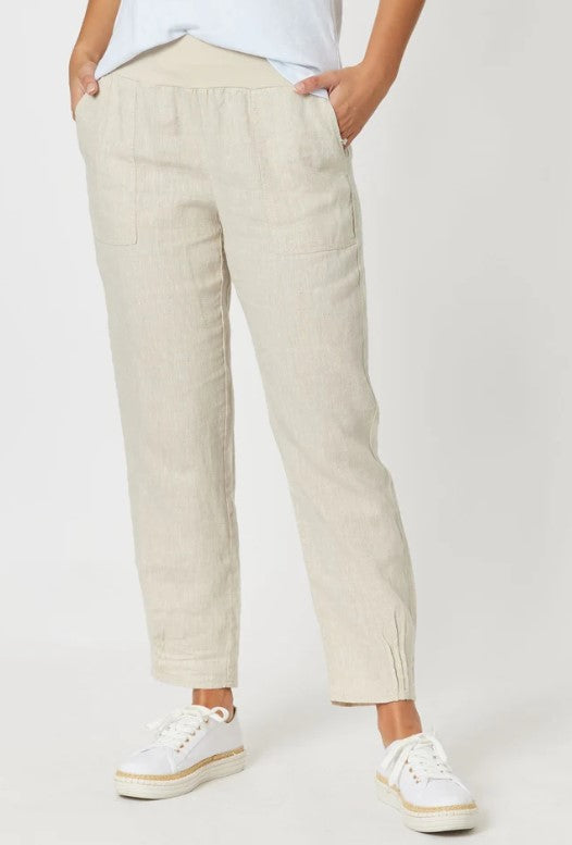 Ribbed waist linen pants natural