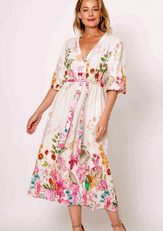 Linen cream/pink dress
