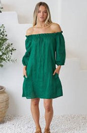 Deep green short linen dress