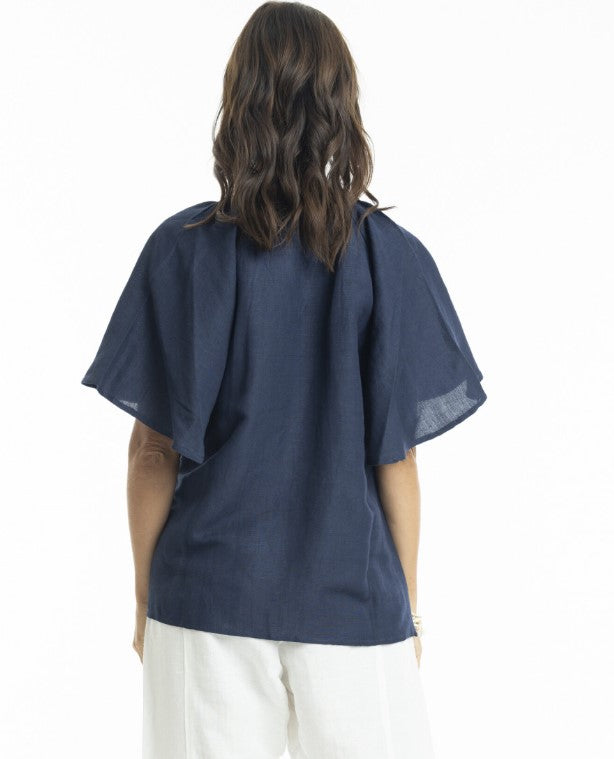 Linen chinese collar navy blouse
