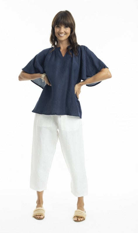 Linen chinese collar navy blouse