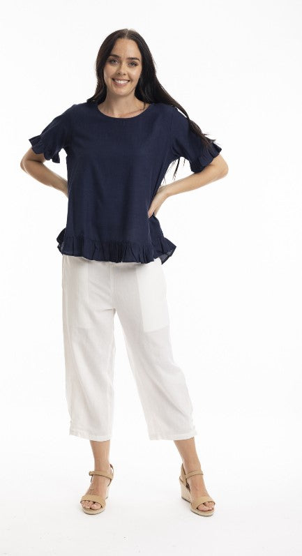 Navy linen frill blouse