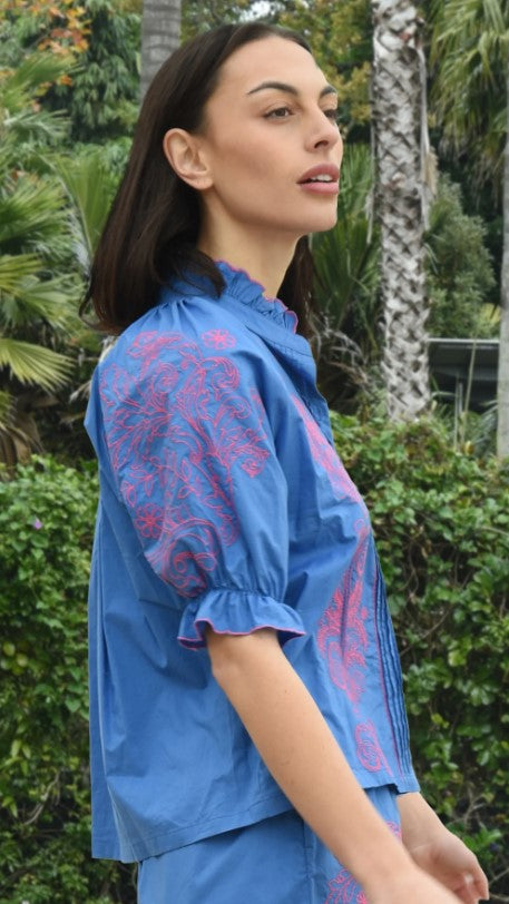 Blue/pink frill stitch blouse