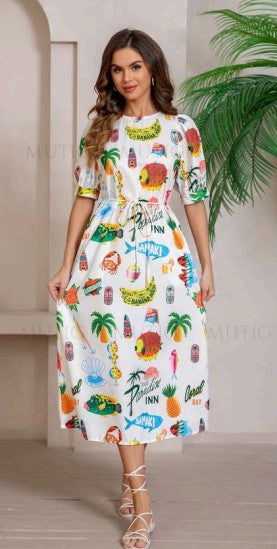 Tropical puff sleeve dress