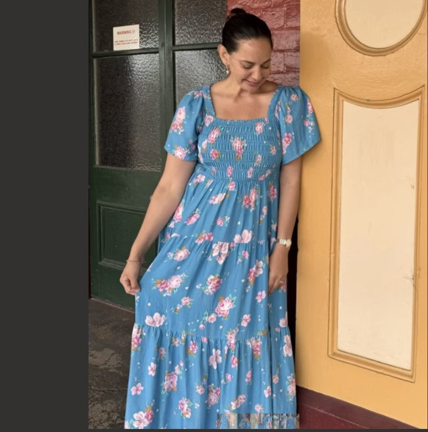 Blue shirring floral dress