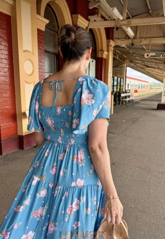 Blue shirring floral dress