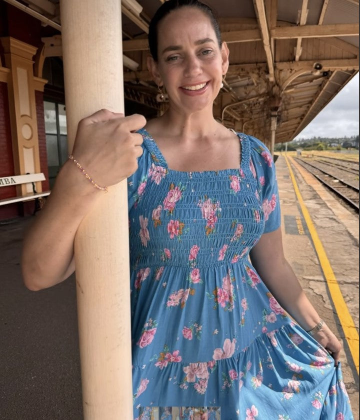Blue shirring floral dress