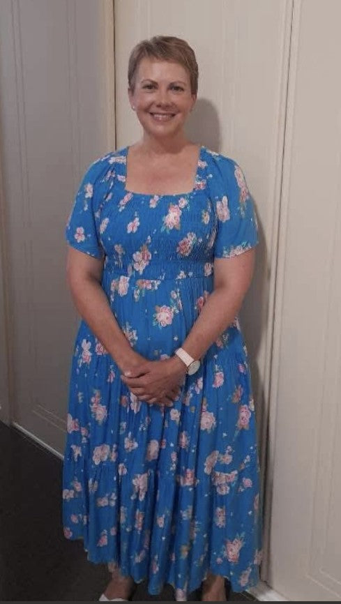 Blue shirring floral dress