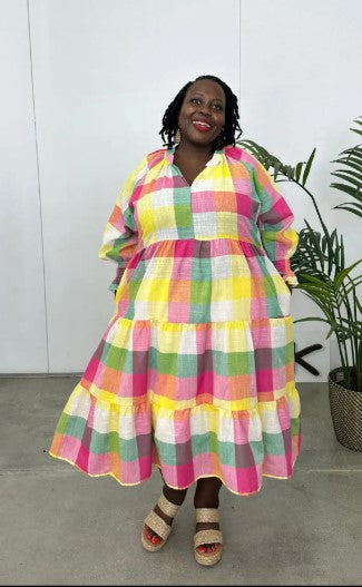 Oversized check pink dress