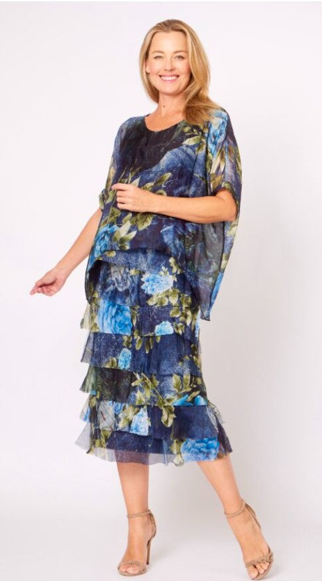 Silk layered dress navy floral