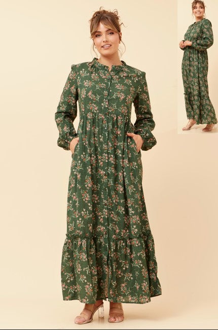 High-Neck Green Floral pocket Dress