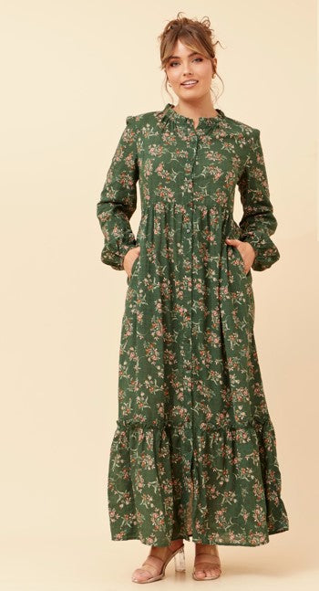 High-Neck Green Floral pocket Dress