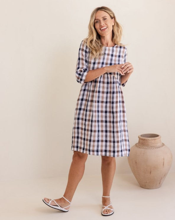 See Saw Linen Navy/Bronze check Dress