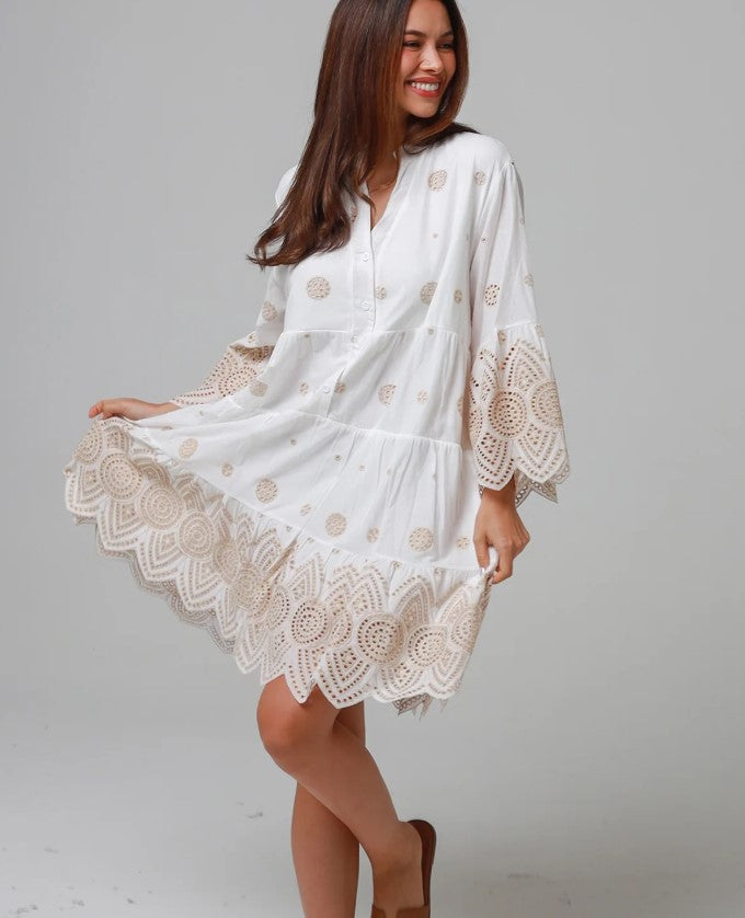 Embrodery 3/4 sleeve short dress