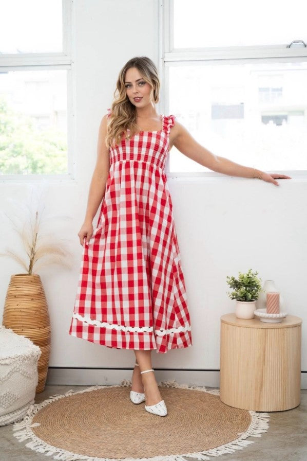 Xmas Red Gingham Cotton Dress