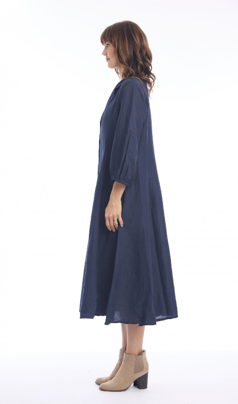 Navy Linen Collar Dress