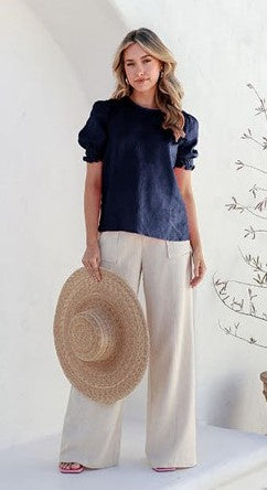 navy linen cuff top