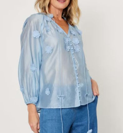 Blue Silk embrodiery blouse