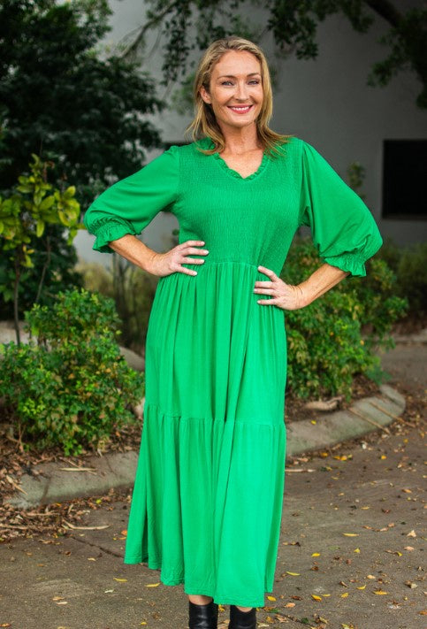 Green shirred dress s/sleeve