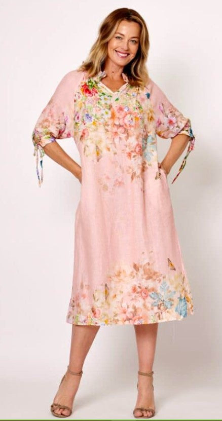 Pink floral linen dress