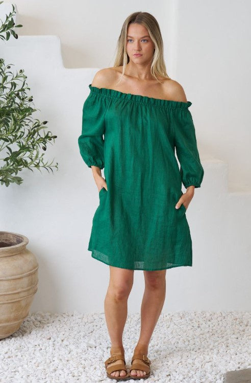 Deep green short linen dress