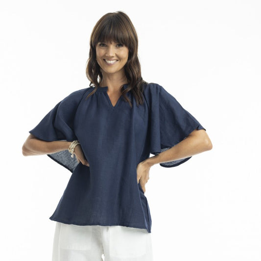 Linen chinese collar navy blouse