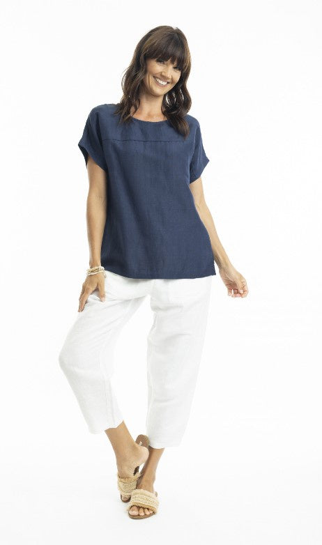 Linen boxed blouse navy