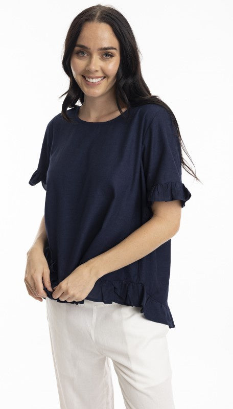 Navy linen frill blouse