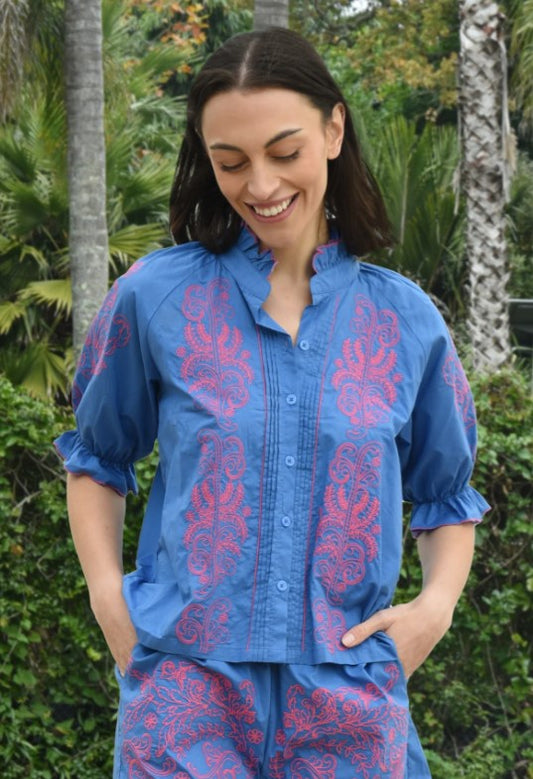 Blue/pink frill stitch blouse