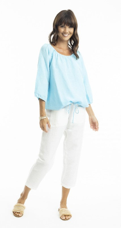 Linen gather sky blouse