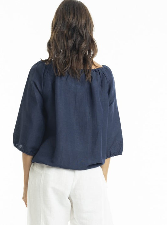 navy linen gather blouse