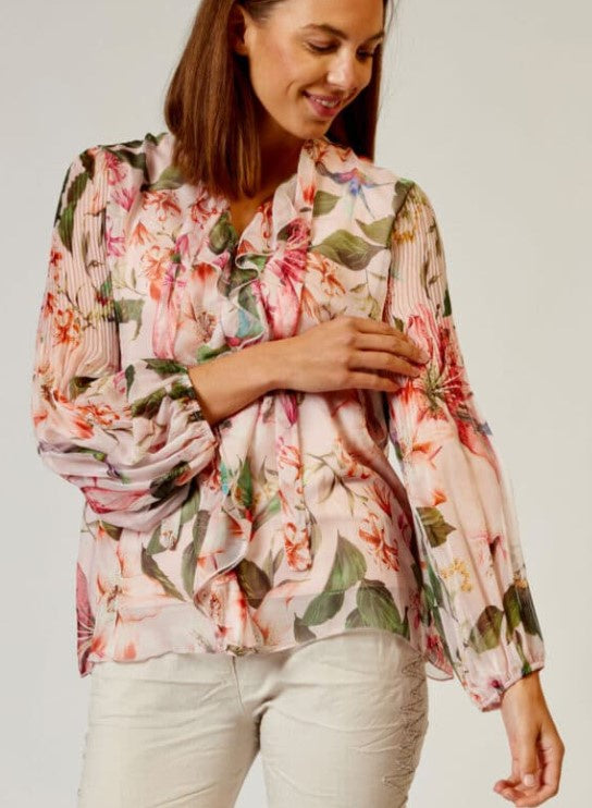 Chiffon Leave Print pink/green blouse