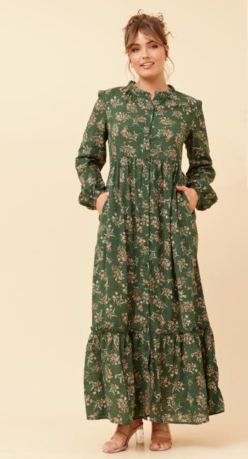High-Neck Green Floral pocket Dress