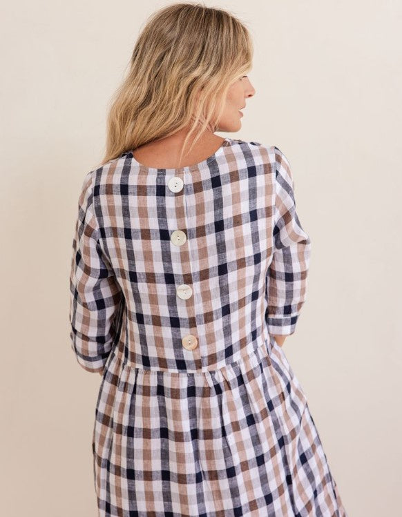 See Saw Linen Navy/Bronze check Dress