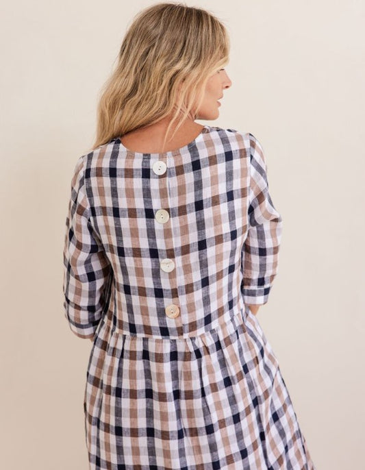 See Saw Linen Navy/Bronze check Dress