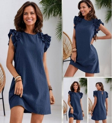 Navy Cotton Frill sleeve dress