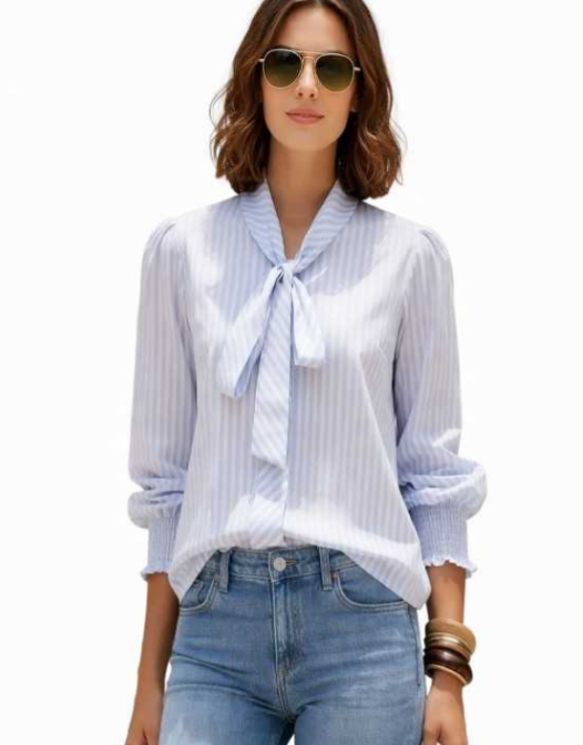 WP Cotton Blue stripe tie blouse