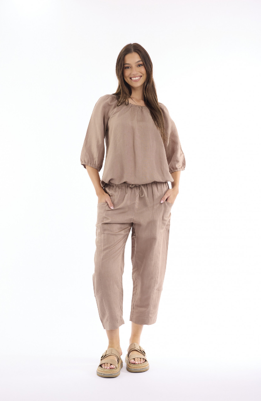 Linen Mocha Gather blouse
