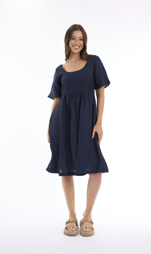 Linen Navy Square neckline dress