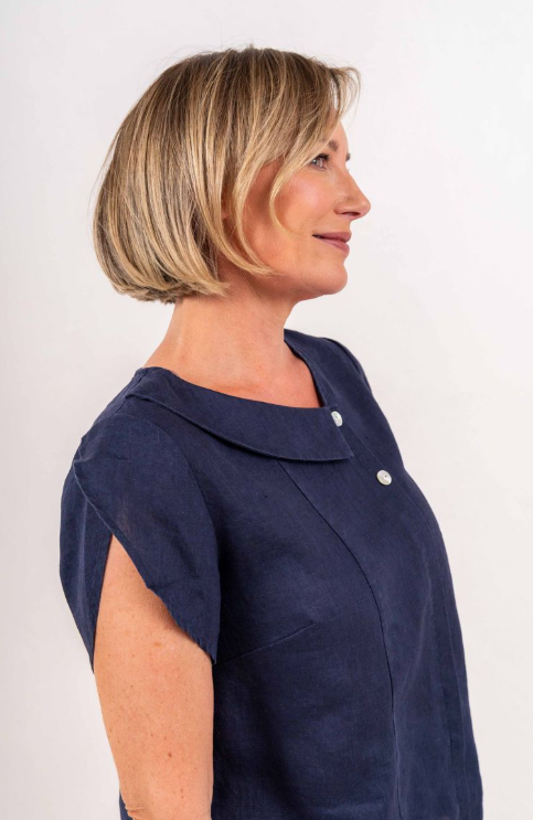 Navy Linen Cowl Blouse