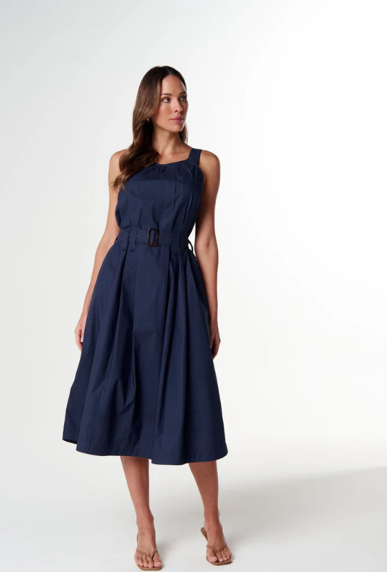 Navy Pleated Cotton dress
